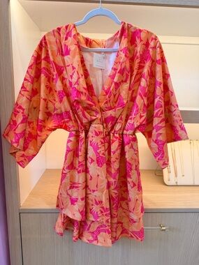 BOHO Pink & Orange Tropical Wrap Dress